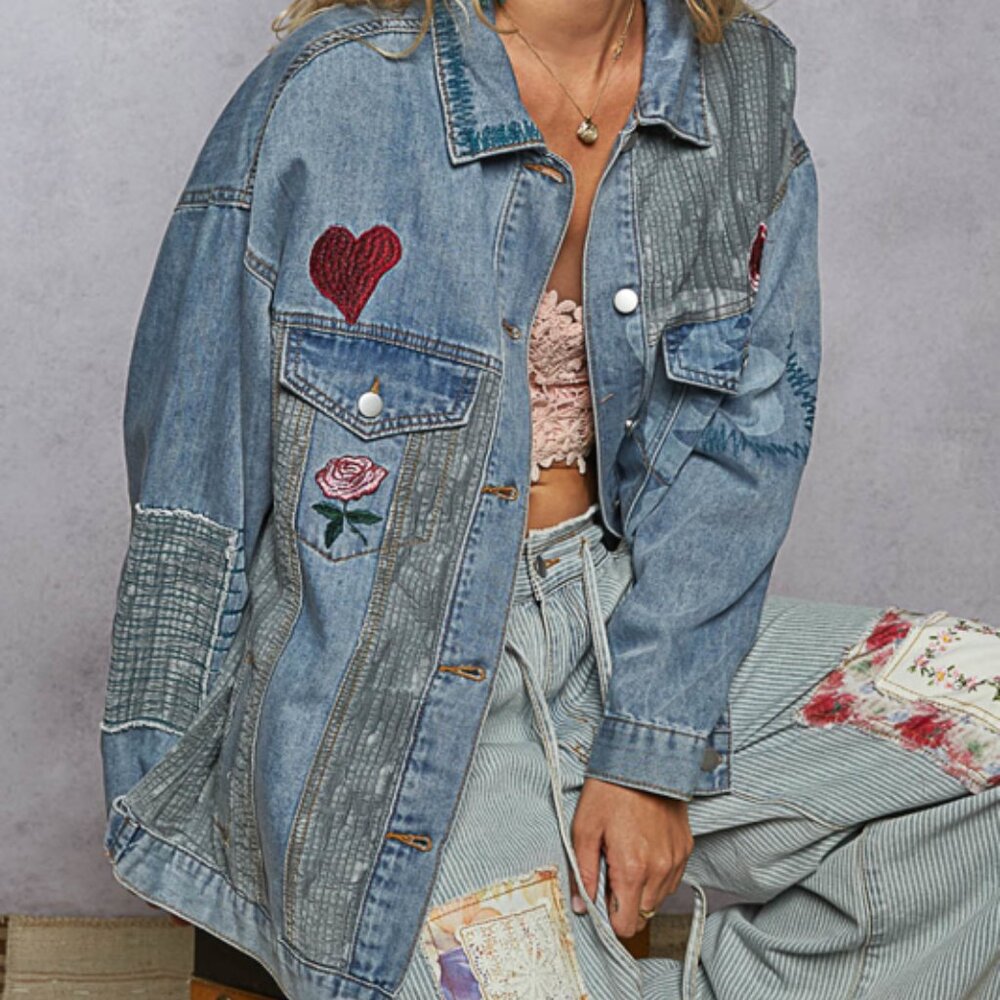 Embroidered Patch Denim Jacket by POL NEW Size Medium - Picture 2 of 7